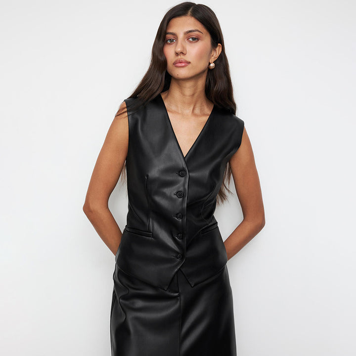 Dame elegant kunstlæderkjole med aftagelig blazer Stilla
