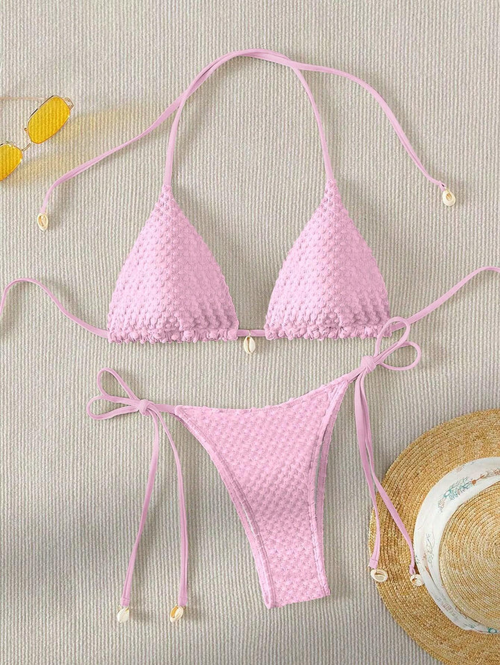Dame Triangle-Bikini med struktureret materiale og fine bindebånd Skovae