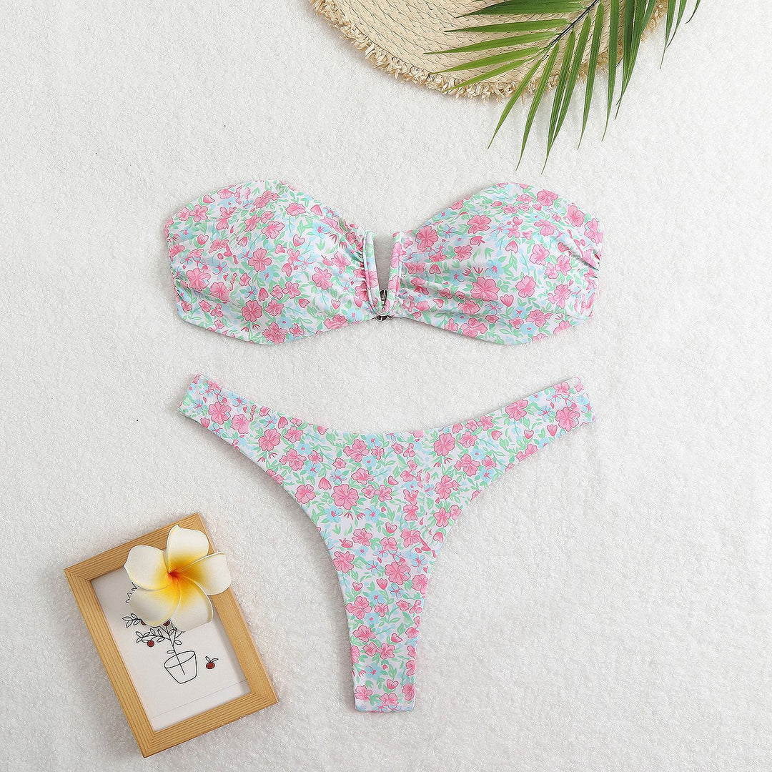 Dame Bandeau-bikini med blomsterdesign og elegant lukning Skovae
