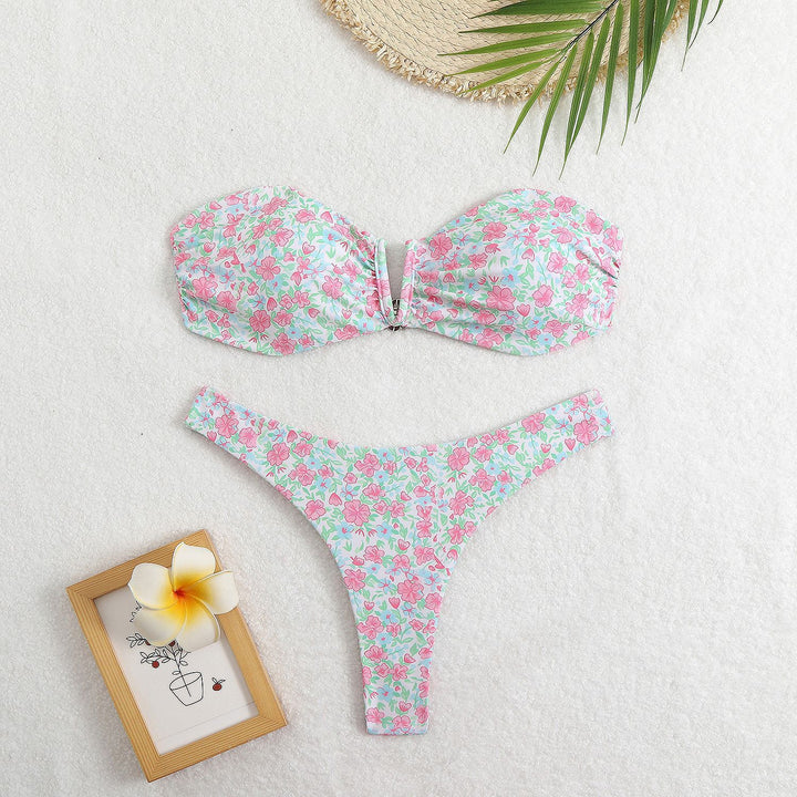 Dame Bandeau-bikini med blomsterdesign og elegant lukning Skovae