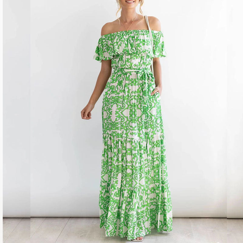 Dame Off-Shoulder Maxikjole med blomstertryk og elastisk taljebælte Stilla