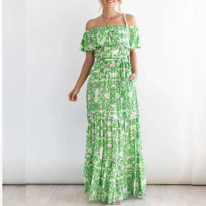 Dame Off-Shoulder Maxikjole med blomstertryk og elastisk taljebælte Stilla