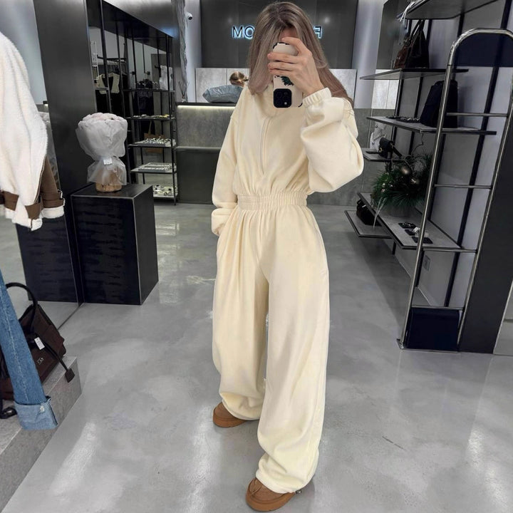 Kvinders fleece jumpsuit med høj krave og elastisk talje