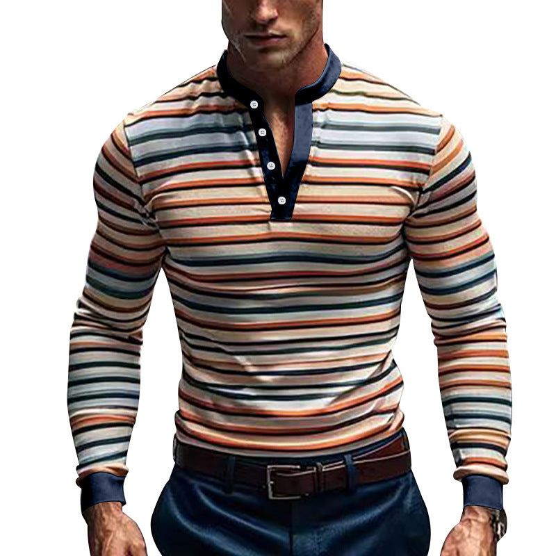 Herren nan stribet Langærmet Henley-shirt med højsnit og knaplukning Skovae