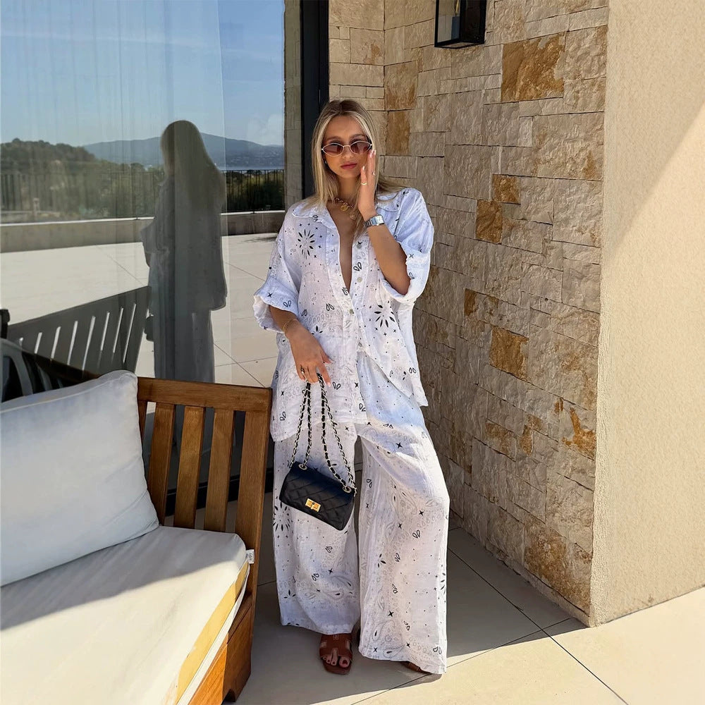 Dame nan luftig broderet strand-to-del med oversized skjorte, brystlomme og bred palazzo-bukser Skovae
