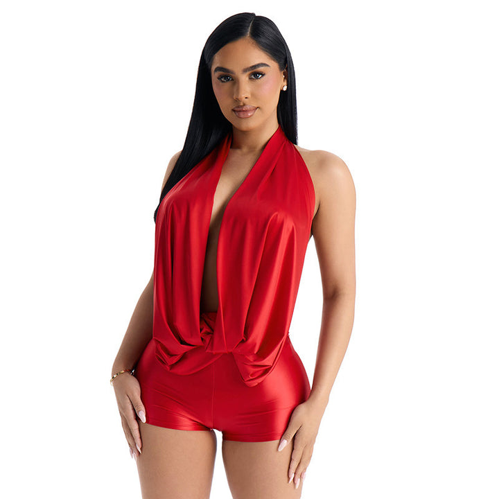Damen Jumpsuit mit tiefem V-Ausschnitt und elegantem Bindedetail Skovae
