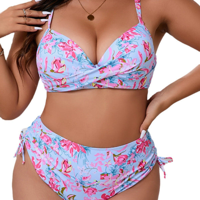 Dame triangel-bikini med blomster wrap design og justerbare stropper Skovae