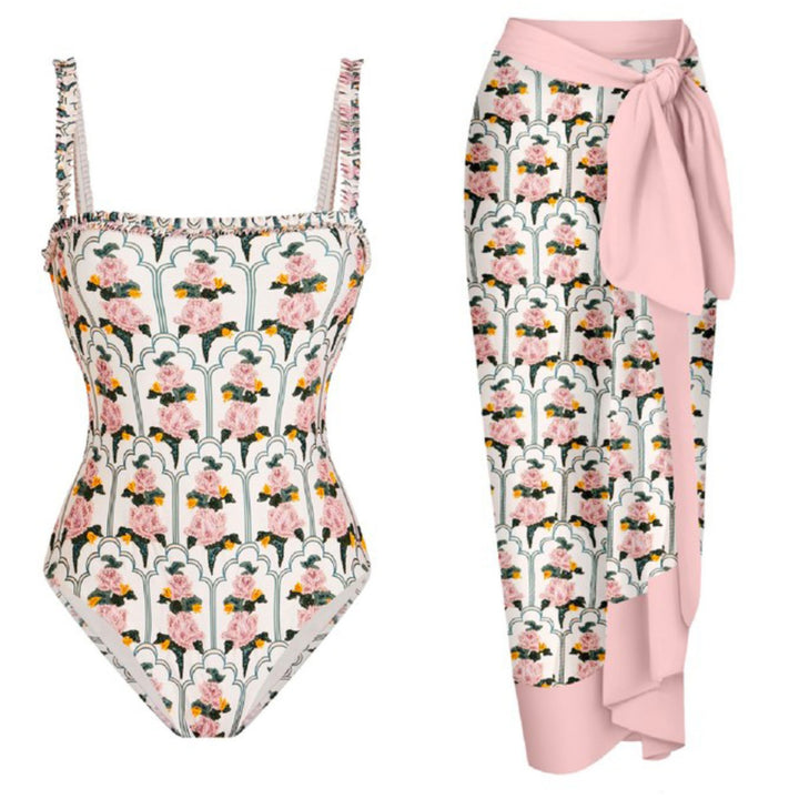 Dame Én-delt badedragt med blomsterdesign og matchende sarong Stilla