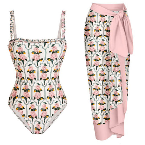 Dame Én-delt badedragt med blomsterdesign og matchende sarong Stilla