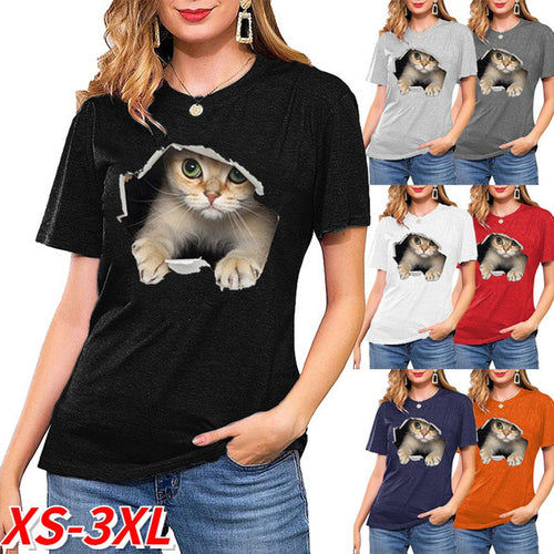 Dame T-shirt med kreativ kattemotiv og struktureret pasform Stilla