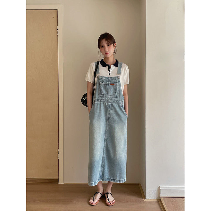 Dame bæltekjole i afslappet denim-stil med store lommer og justerbare stropper Stilla