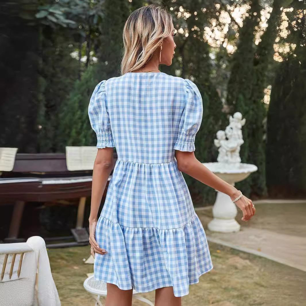 Damer Gingham-kjole med flæser og pufærmer Skovae