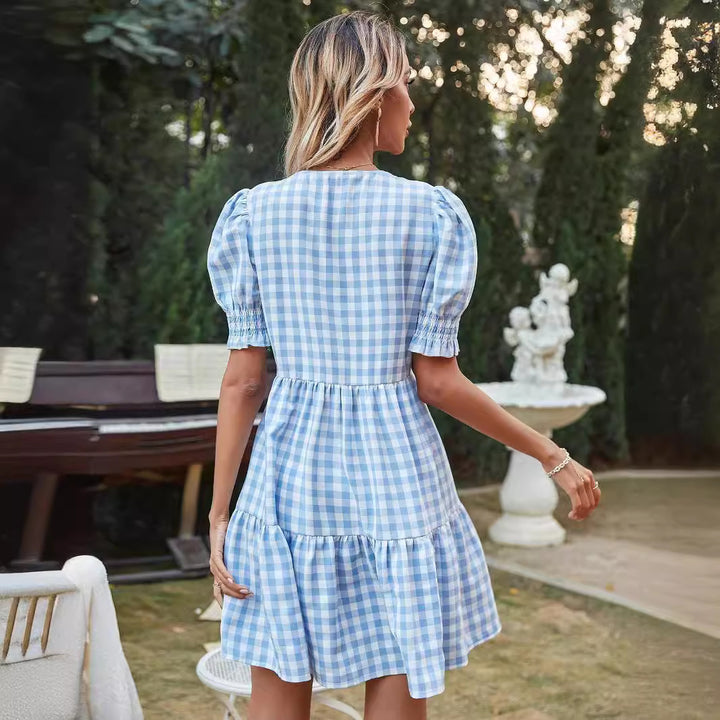 Damer Gingham-kjole med flæser og pufærmer Skovae