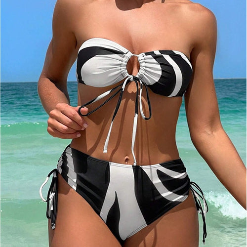 Dame Bandeau-Bikini-sæt med justerbar top og trendy tryk Stilla