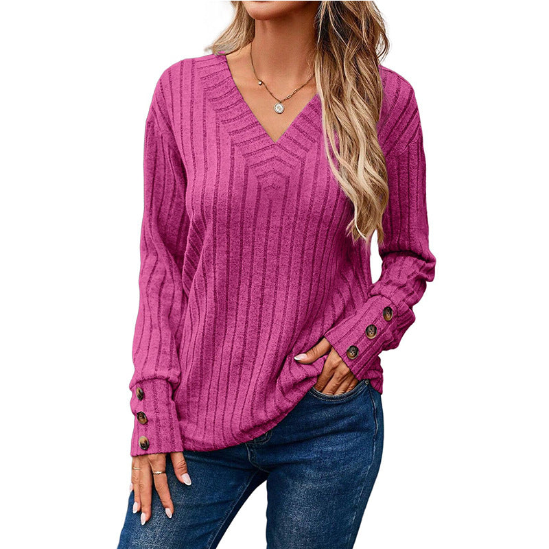 Dame afslappet V-hals sweater med fine striber Stilla