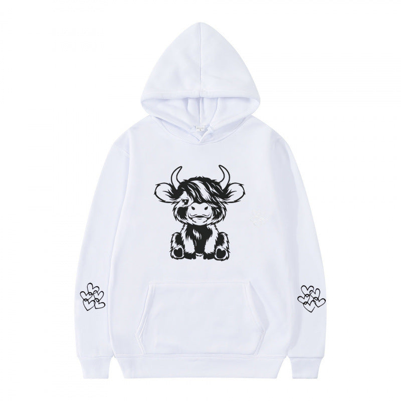 Kvindernes hætte sweatshirt med charmerende kvægmotiv og praktiske kængurulommer Skovae