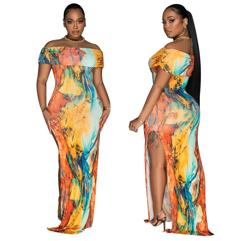 Dame Off-Shoulder Maxi-Kjole med Kunstmotiv Stilla