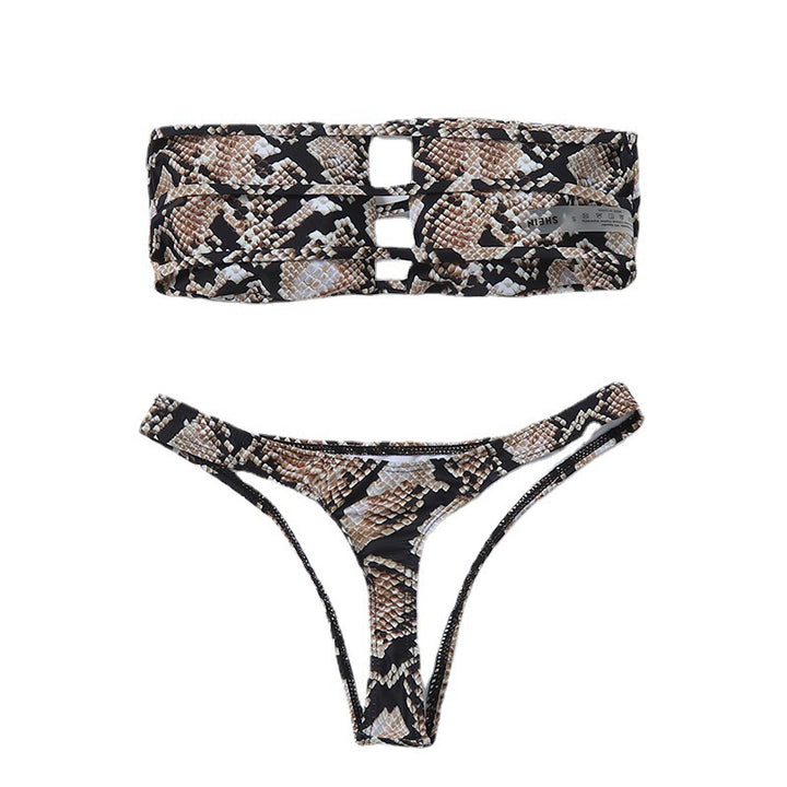 Dame bandeau-bikini med slidser og moderne slangeprint Skovae