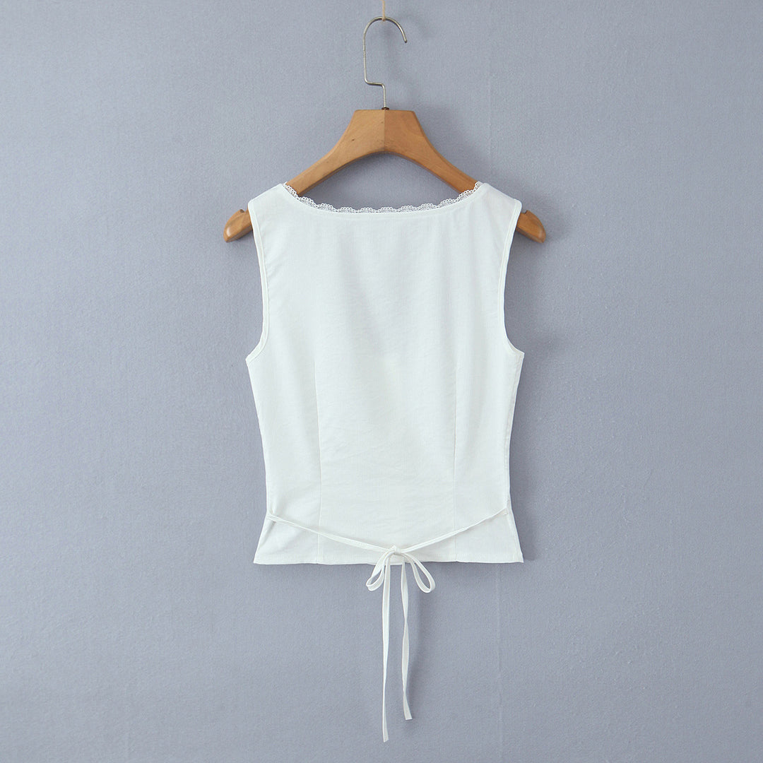 Dame Crop-Top med både raffineret knapdesign og sarte spidsdetaljer Stilla