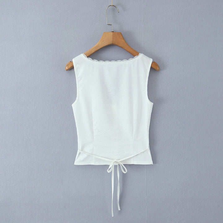 Dame Crop-Top med både raffineret knapdesign og sarte spidsdetaljer Stilla