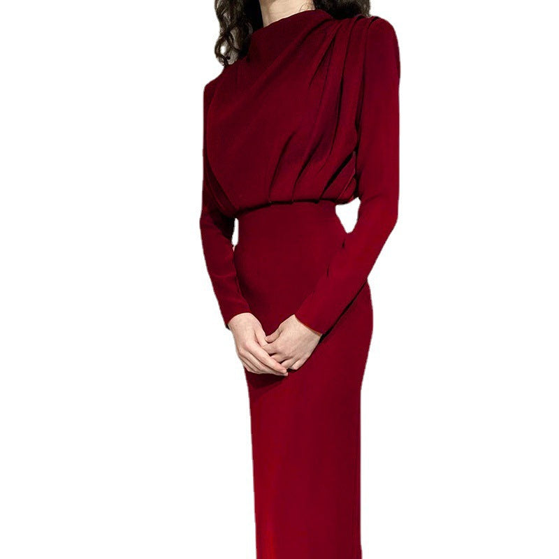 Dame elegant Langærmet kjole med høj hals og drapering Stilla