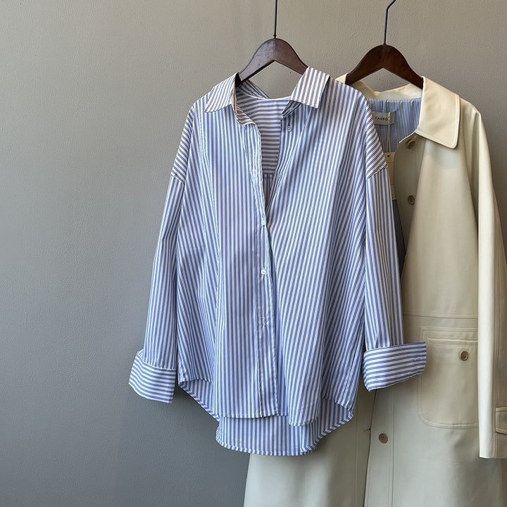 Dame stribet Oversize-bluse med afslappet snit og høj kvalitet bomulds materiale Stilla