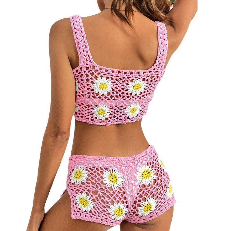 Dame hækle-bikini-top med floralt design og legende bind-detaljer Skovae