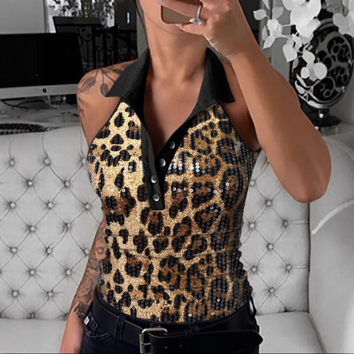 Dame Pailletter Leopardprint Polo-Shirt Stilla