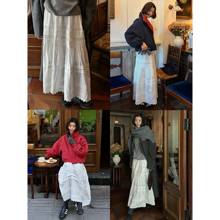 Dame længere bomuldsnederdel med fine broderier og elegant flæseudseende Stilla