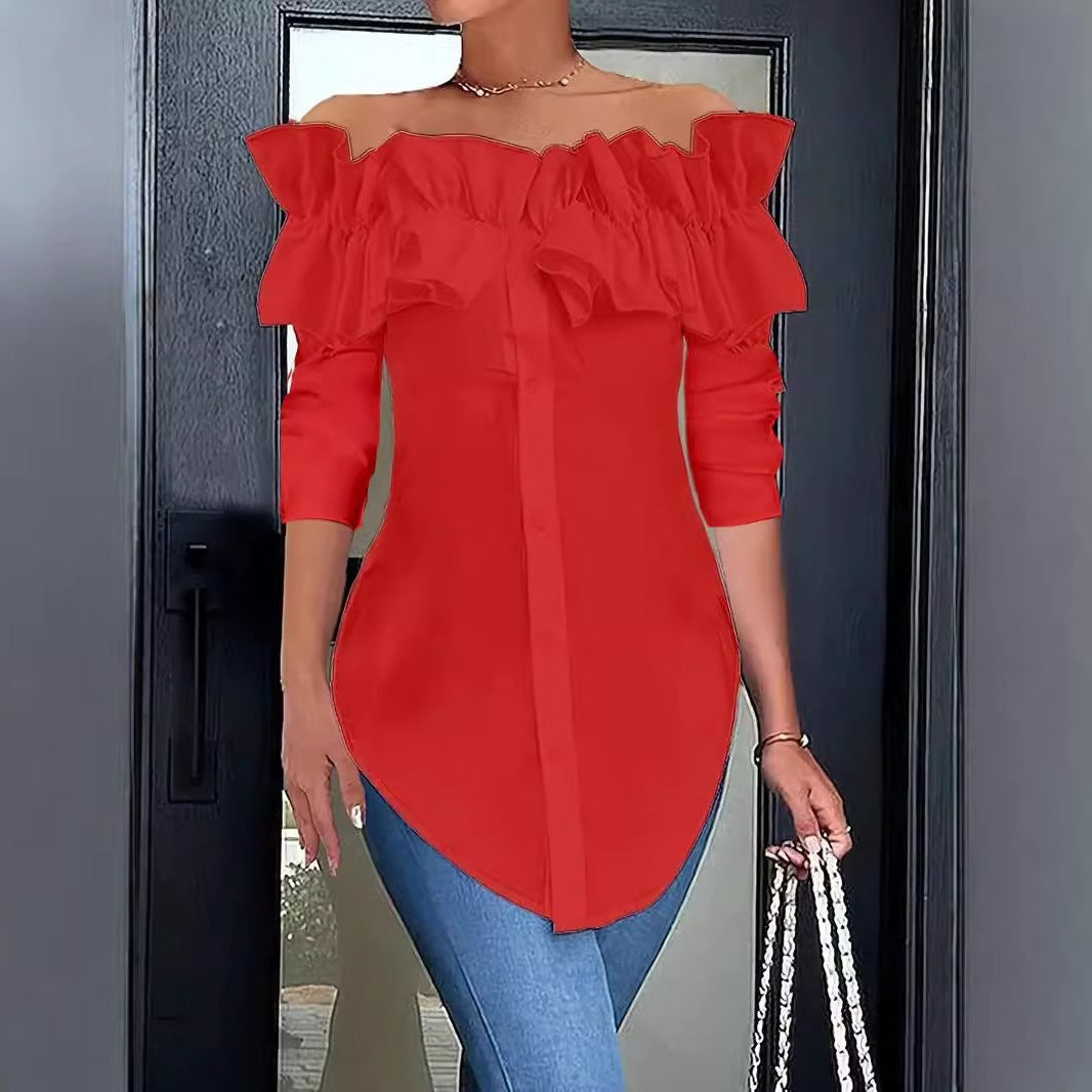 Dame Elegant Bluse med Ruffle detaljer og hjerteformet U-udskæring Stilla