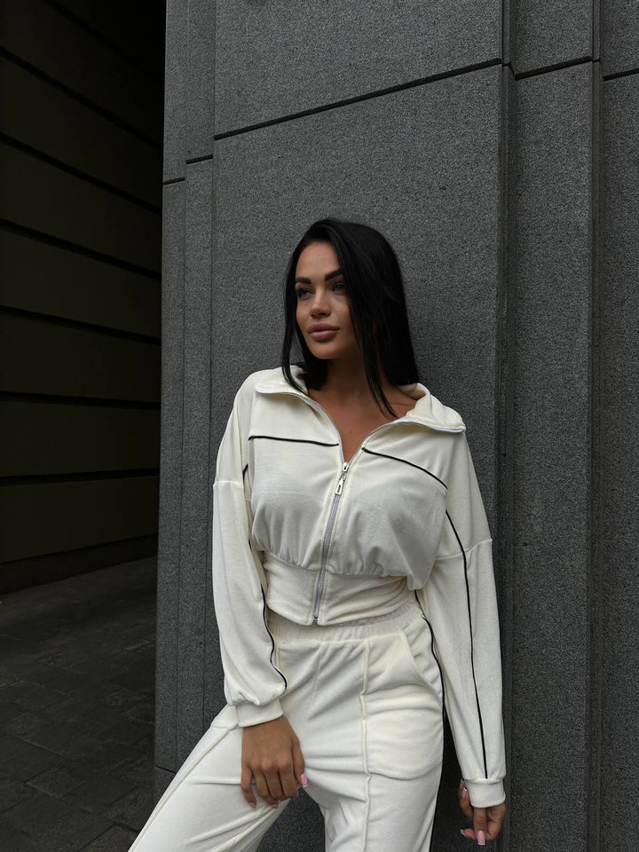 Kvinder Sporty Fleece Loungewear Sæt med Korte Jakke og Behagelige Bukser Skovae