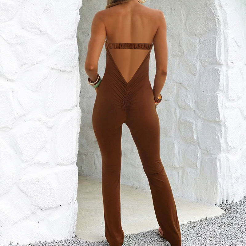 Dame elegant off-shoulder jumpsuit med dyb nøgleudskæring og tætsiddende snit Skovae