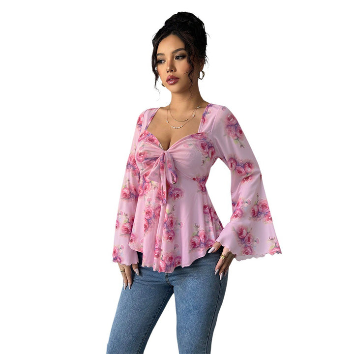 Kvinders flydende bluse skjorte med blomsterdesign og legende knude Stilla