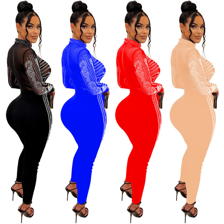 Dame figursyet bodysuit med transparent mesh og glitrende strassdekorationer Stilla