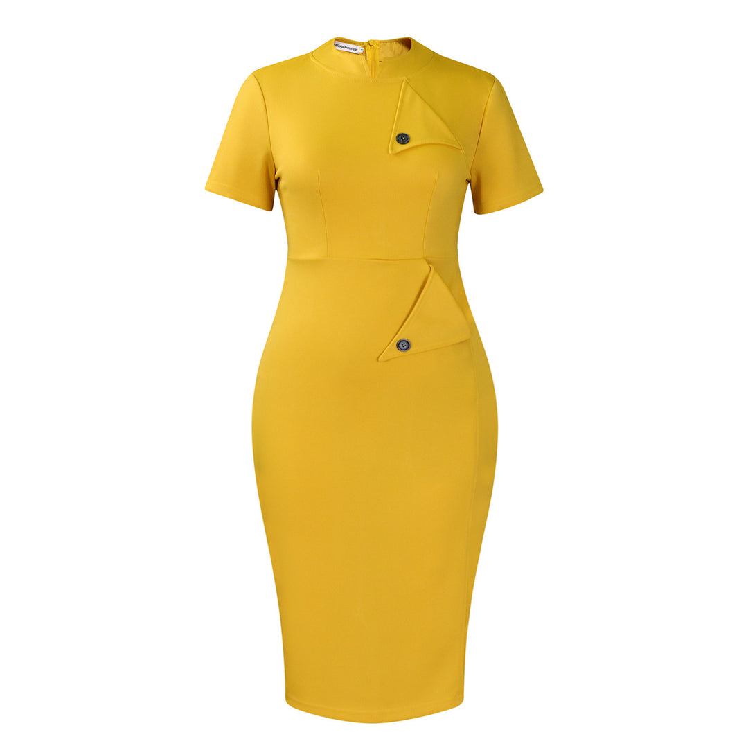 Dame elegant pencil dress med asymmetrisk detalje og højstående krave Stilla