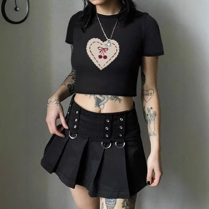 Damer Crop-T-Shirt med legende kirsebærmotiv og elegant sløjfeprint Skovae