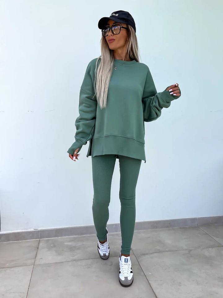 Kvinders afslappede sportslounge sæt med løs sweatshirt og figursyet leggings Skovae