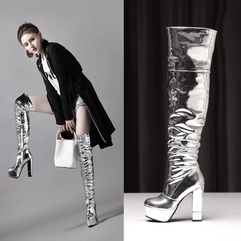 Femme Over-knæet Glinsende Stiletto Platform Støvler Stilla