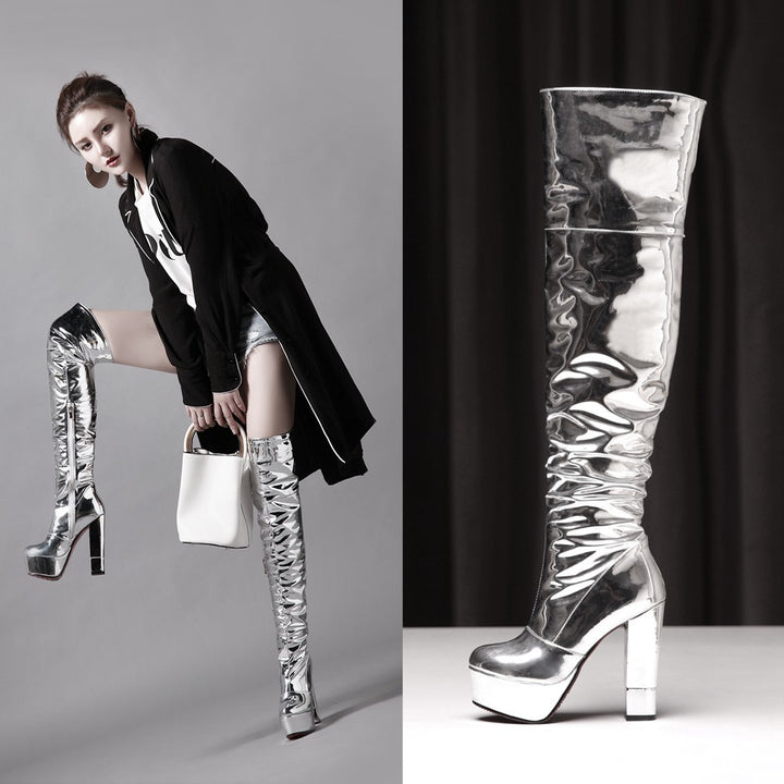 Femme Over-knæet Glinsende Stiletto Platform Støvler Stilla