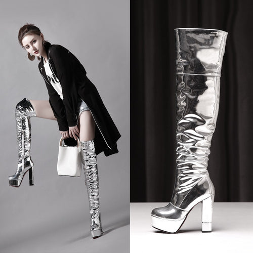 Femme Over-knæet Glinsende Stiletto Platform Støvler Stilla