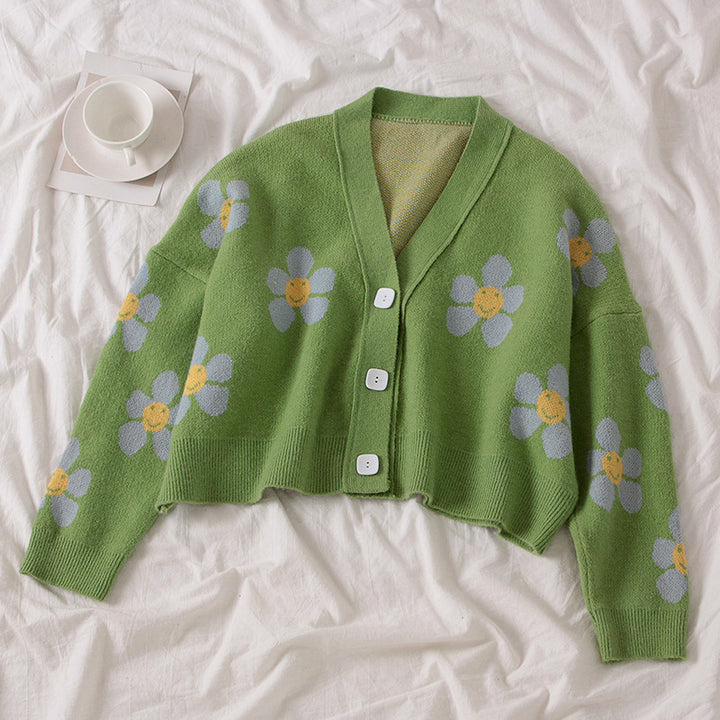 Kvinders chunky strik cardigan med blomstermønster og knapdetaljer Stilla