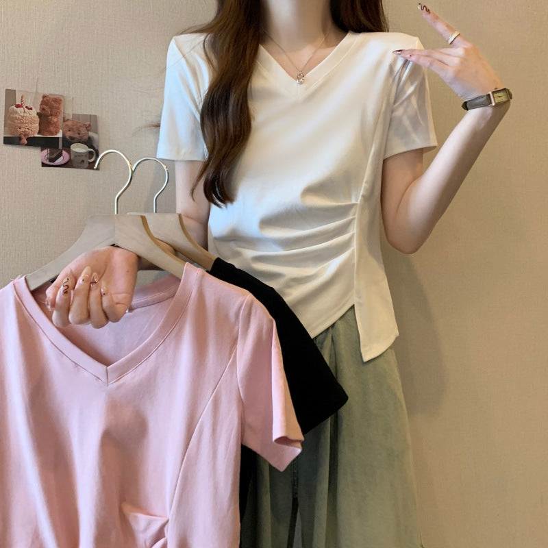 Dame V-hals Draperet kant T-shirt Stilla