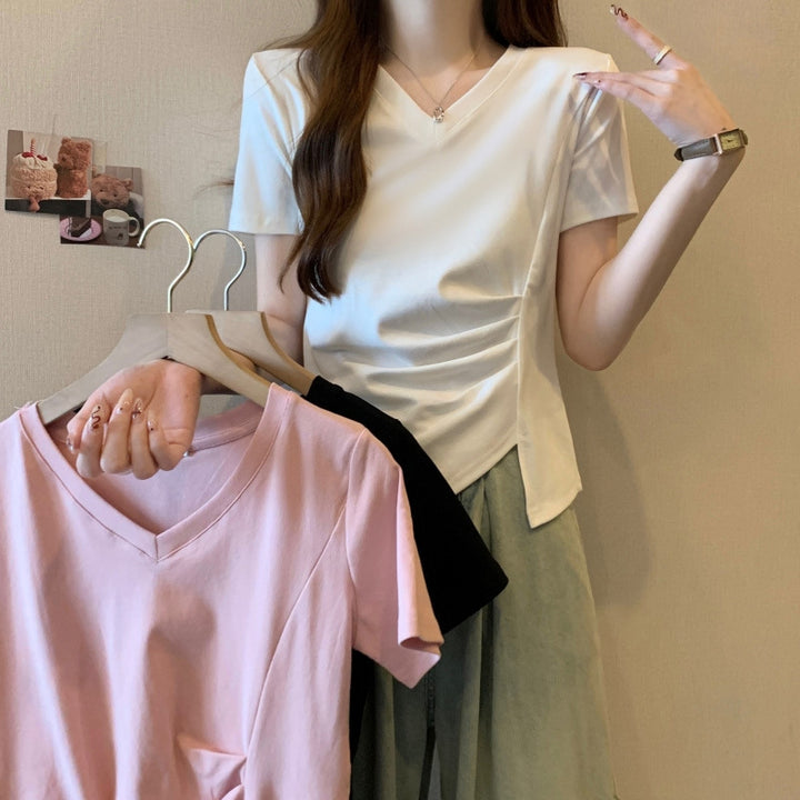 Dame V-hals Draperet kant T-shirt Stilla