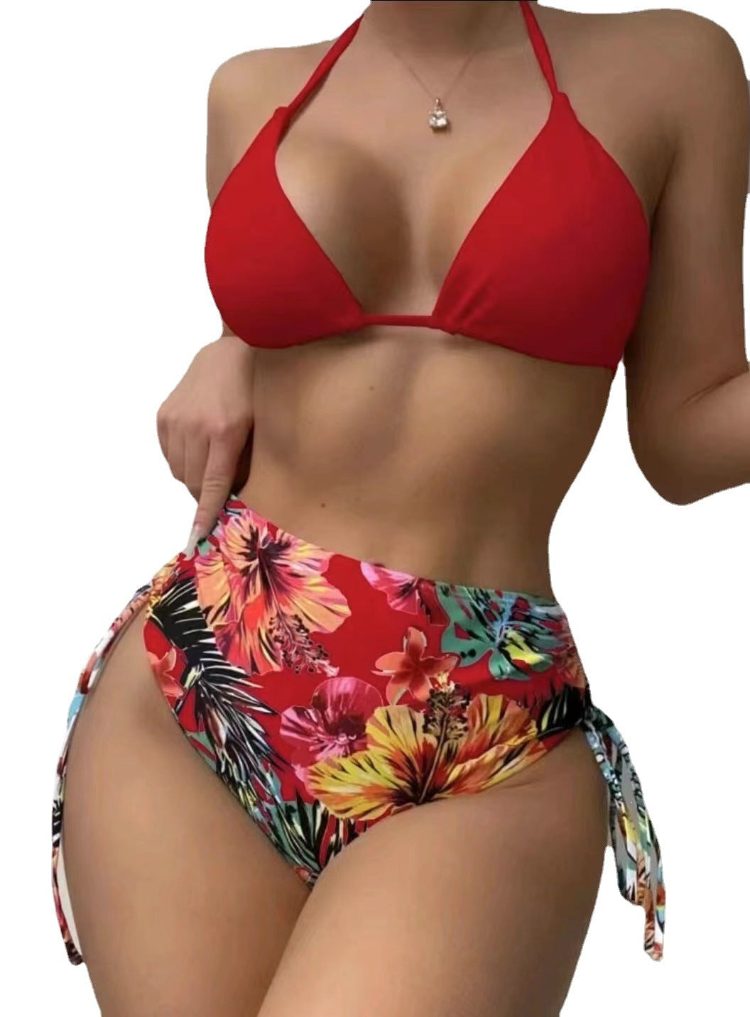 Dame Farverig Bikini med selvsikker høj talje-bukser og gennemsigtig strand cover Skovae