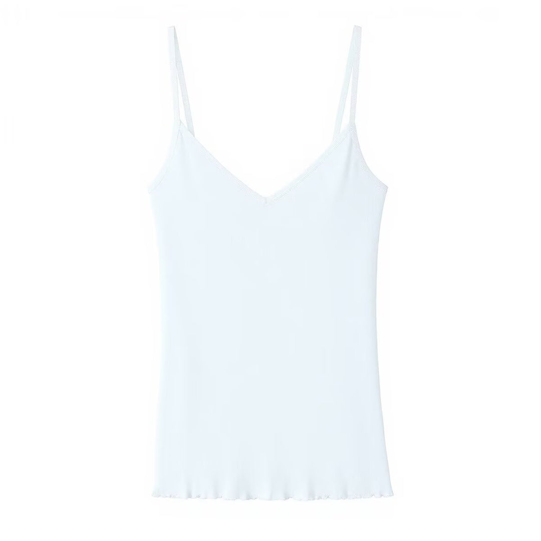 Dame Spaghetti-strop-bluse med elegant V-hals og blød tekstur Skovae
