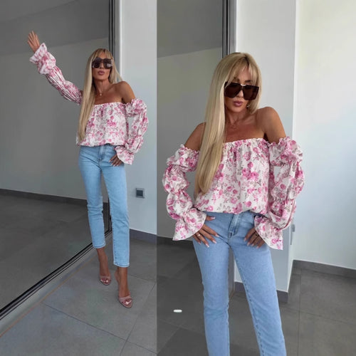 Dame Off-Shoulder Bluse med elastiske puffærmer og floraltryk Stilla