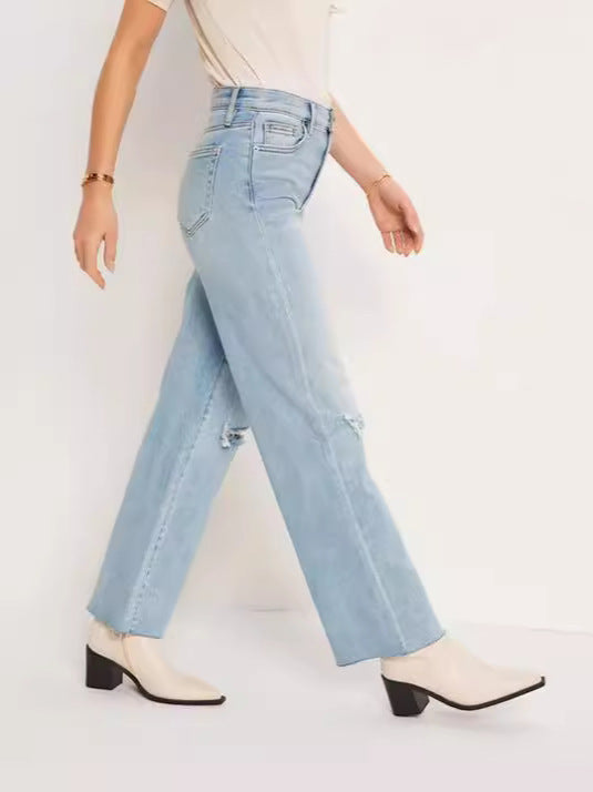 Dame Højtaljede Denim-Jeans med afslappede revnedetaljer og bredt skåret ben Stilla