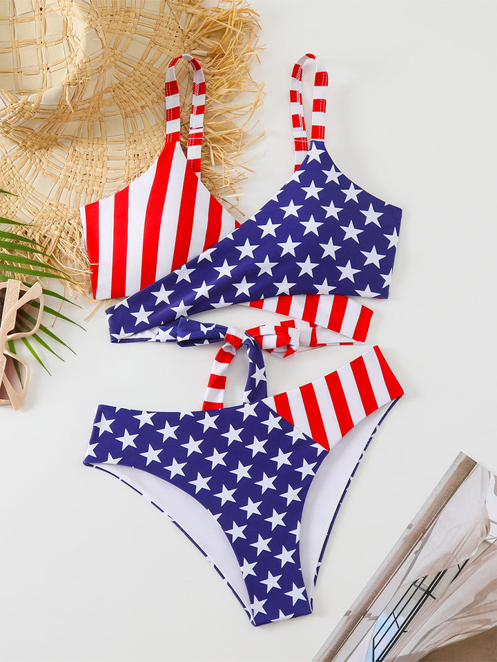 Dame triangel-bikini-sæt med asymmetrisk skæring og farverigt stjernedesign Skovae