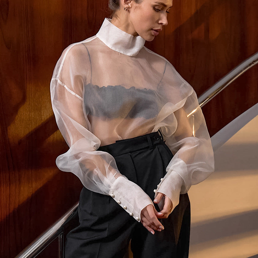 Dame Gennemsigtig Bluse med Puffærmer og elegant Ståkrave Stilla