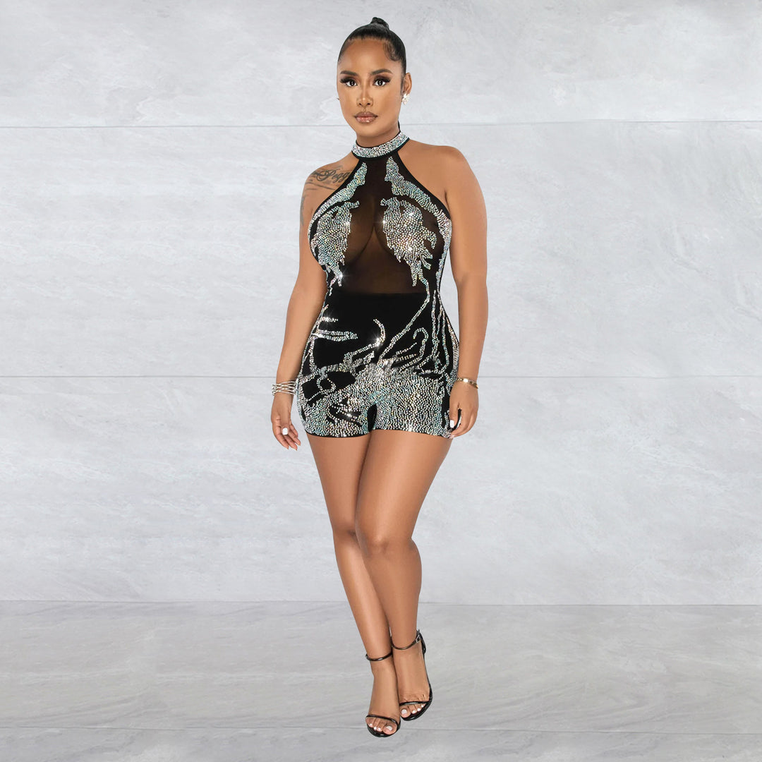 Dame Glamourøs Bodycon Jumpsuit med transparent overmateriale og funkende accenter Stilla